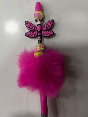 Adorable pink Pom Pom beaded pen with dragonfly.
